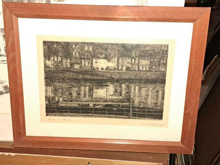 gravure quai sur meuse signe francois marechal, Antiek en Kunst, Kunst | Etsen en Gravures, Ophalen of Verzenden