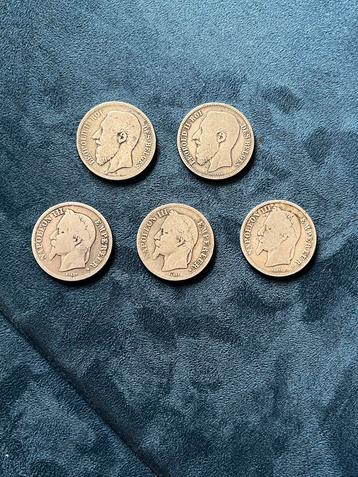 Set zilveren munten, twee Belgische en Franse frank 