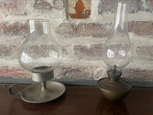 Antieke olielamp en kaarshouder, Antiek en Kunst, Antiek | Verlichting, Ophalen of Verzenden