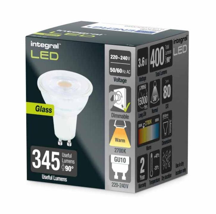 Integral LED spot glas / 3.6W / GU10 / 2700K / 36D / dimbaar, Huis en Inrichting, Lampen | Losse lampen, Nieuw, Led-lamp, 30 tot 60 watt