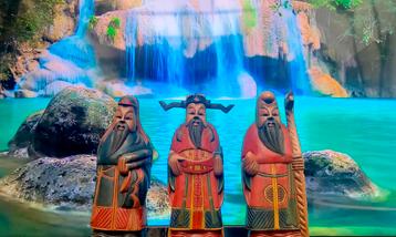 JAPANESE FU - LU - SHOU HAND CARVED WOODEN SAGE STATUES beschikbaar voor biedingen