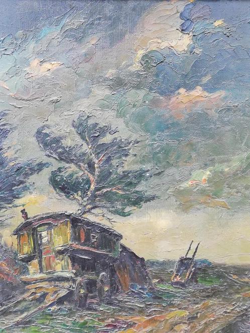 Charles Wellens - De Woonwagen - olieverf op paneel, Antiek en Kunst, Kunst | Schilderijen | Klassiek, Ophalen