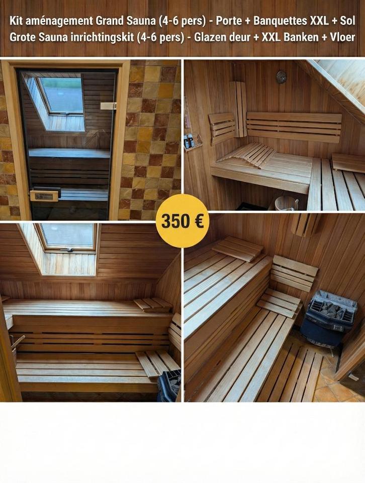 Sauna-uitrustingsset (4-6 personen): deur+XXL-banken+vloer, Sport en Fitness, Sauna, Gebruikt, Complete sauna, Fins of Traditioneel