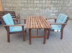 Teak tafel en 2 teak stoelen met kussens, Tuin en Terras, Ophalen