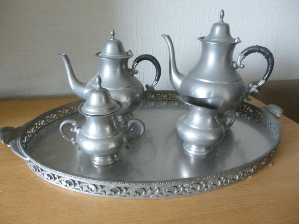 tinnen servies dienblad , koffie , thee , melkkan suikerpot, Ophalen of Verzenden
