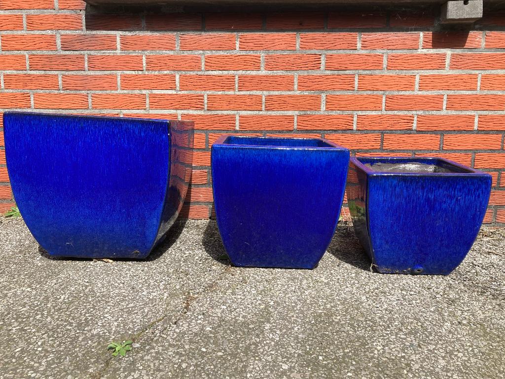Blauwe bloempotten, Tuin en Terras, Ophalen, Gebruikt, Vierkant, Balkon