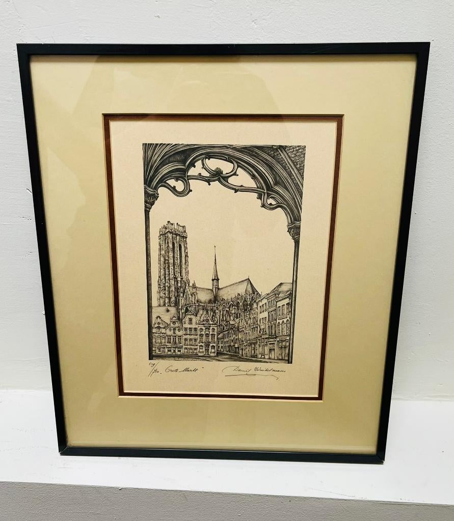 Ets Mechelen Grote Markt D. Winkelmans 549/750, Antiek en Kunst, Kunst | Etsen en Gravures, Ets, Genummerd, Gesigneerd, Architectuur