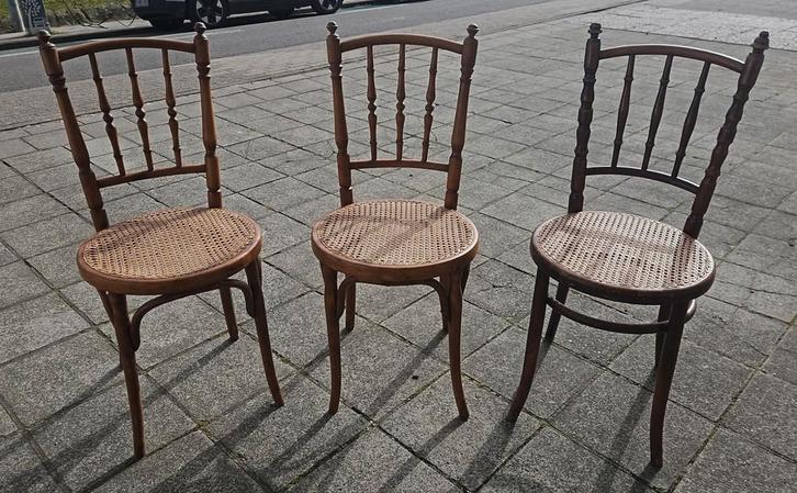 3 vintage bistrostoelen Fischel met webbing zit - setprijs, Huis en Inrichting, Stoelen, Ophalen