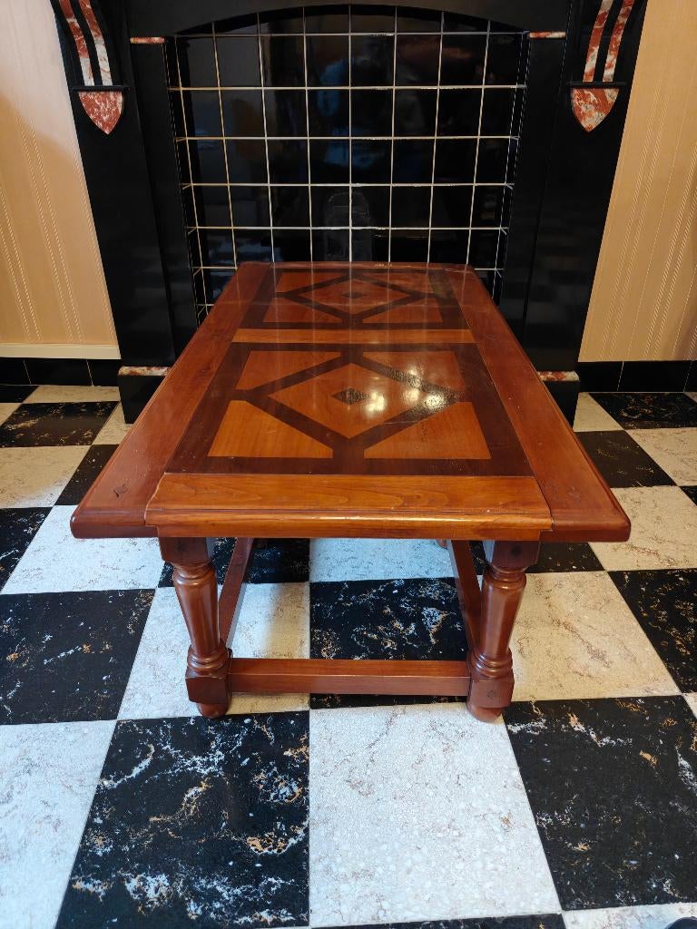 Table de salon en chêne rouge et marqueterie, 100 à 150 cm, Moins de 50 cm, Enlèvement, Utilisé