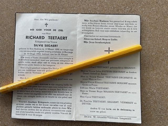 TREINONGEVAL TE BOEZINGE/IEPER 31/8/1952 TEETAERT Richard, Ophalen of Verzenden, Bidprentje