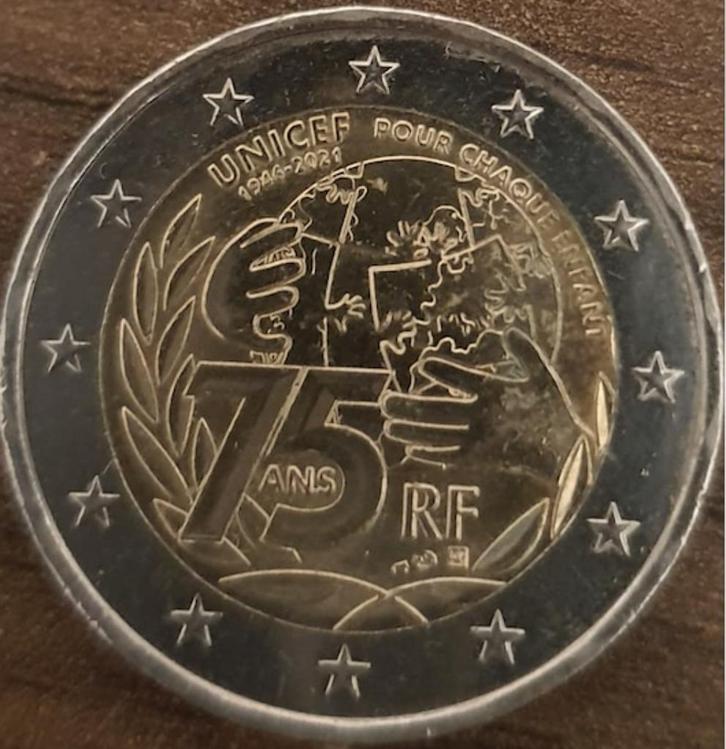 2 EURO Herdenkingsmunt 75 jaar UNICEF Frankrijk, Postzegels en Munten, Munten | Europa | Euromunten, Losse munt, 2 euro, Frankrijk