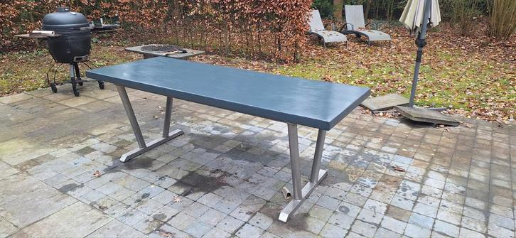 Massieve teakhouten tafel met RVS onderstel, Tuin en Terras, Tuintafels, Rvs, Ophalen