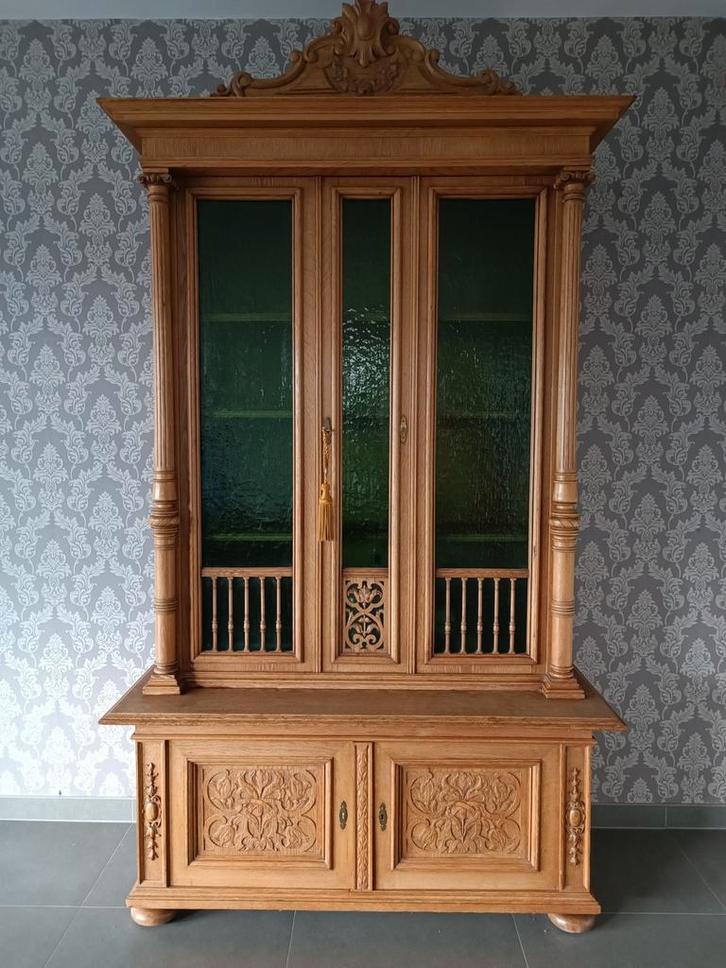 Mooie antieke massief eiken kast, bibliotheek, buffetkast, Huis en Inrichting, Kasten | Buffetkasten, Gebruikt, Glas, Ophalen