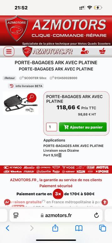 Porte bagage beta ark 50 scooter disponible aux enchères