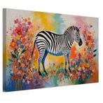 Zebra met kleurrijke bloemen abstract canvas 60x40cm - 18mm., Verzenden