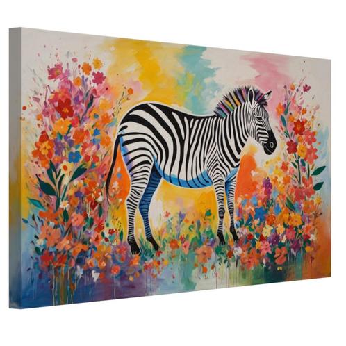 Toile abstraite Zebra avec fleurs colorées 60x40cm - 18mm., Antiquités & Art, Art | Peinture | Moderne, Envoi
