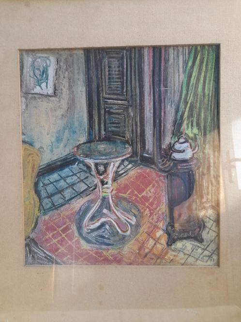 Pasteltekening, interieur, gesigneerd, Jan, Antiek en Kunst, Kunst | Schilderijen | Klassiek, Ophalen