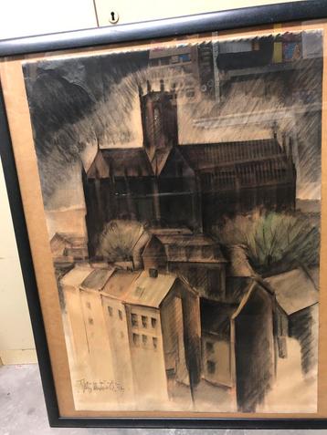 oude, grote ingekaderde houtskoolwerken beschikbaar voor biedingen