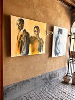 Schilderij geelblauw Koppel ‘Refugees’– Olieverf op doek, Antiek en Kunst, Kunst | Schilderijen | Modern, Ophalen