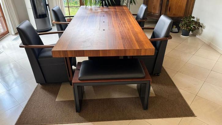 Houten bureau/eettafel met 6 stoelen, Huis en Inrichting, Tafels | Eettafels, Zo goed als nieuw, 100 tot 150 cm, 200 cm of meer