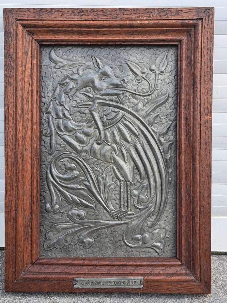 tableau feuille etain chimere moyen age signe h mariers, Antiquités & Art, Art | Sculptures & Bois, Enlèvement ou Envoi