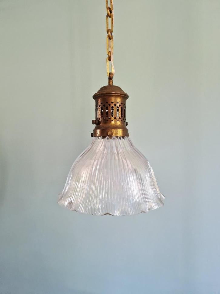 Grote holofaansuspensie in gegroefd glas, 1920-30, Antiek en Kunst, Antiek | Verlichting, Ophalen of Verzenden