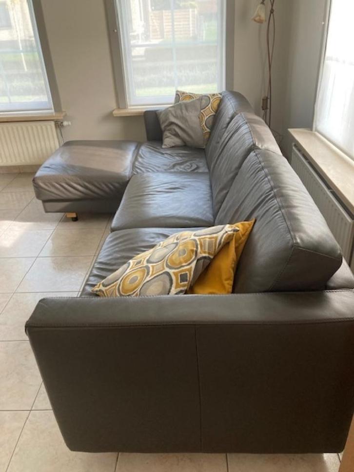 Grijze lederen hoeksalon, Huis en Inrichting, Zetels | Zetels, Gebruikt, Hoekbank, Vierpersoons of meer, 250 tot 300 cm, Leer
