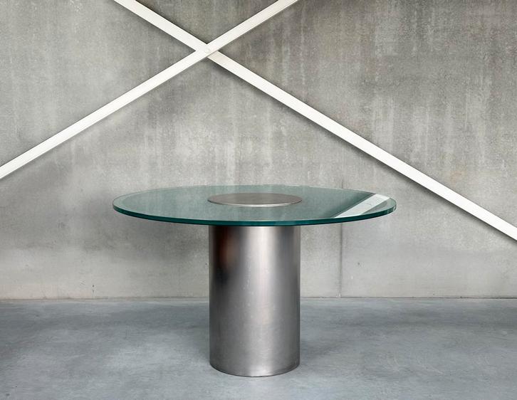 Vintage inox eetkamertafel, ca 1980’s, Antiquités & Art, Antiquités | Meubles | Tables, Enlèvement