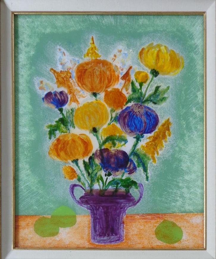 DENISE MALFET / BLOEMENVAAS / EGLOMISE / 85x74cm / KADER SIG, Antiek en Kunst, Kunst | Schilderijen | Modern, Ophalen