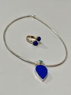 Vintage 925 zilveren zilver set Lapis Lazuli ketting + ring, Handtassen en Accessoires, Antieke sieraden, Ophalen of Verzenden