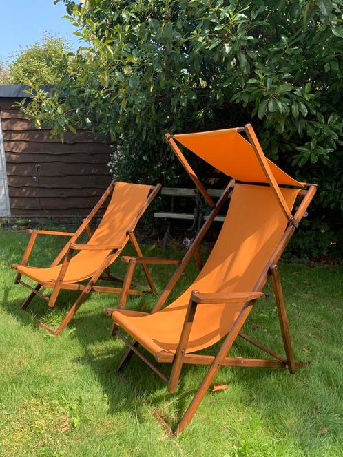 2 Vintage strandstoelen/ligstoel met afneembaar voetenbankje, Tuin en Terras, Ligbedden, Zo goed als nieuw, Hout, Inklapbaar, Ophalen