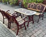 Tuinset in smeedijzer en hout tafel /bank/2 stoelen, Tuin en Terras, Tuinsets en Loungesets, Ophalen, 5 zitplaatsen, Gebruikt