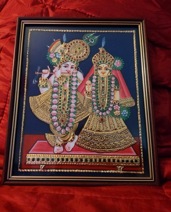 Tanjore stijl schilderij Krishna & Radha – Indische kunst, Antiek en Kunst, Kunst | Niet-Westerse kunst, Ophalen of Verzenden