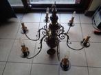 3 Hanglampen waarvan 2 Kroonlusters in hout en geel metaal, Ophalen, Gebruikt, 50 tot 75 cm, Klassiek- antiek