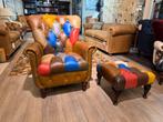NIEUW: CHESTERFIELD PATCHWORK LEER FAUTEUIL Bradley + poef, Huis en Inrichting, Fauteuils, Ophalen of Verzenden, Nieuw, Leer