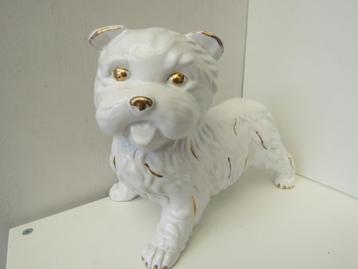 Statue Hollywood Regency chien Westy en céramique or blanc