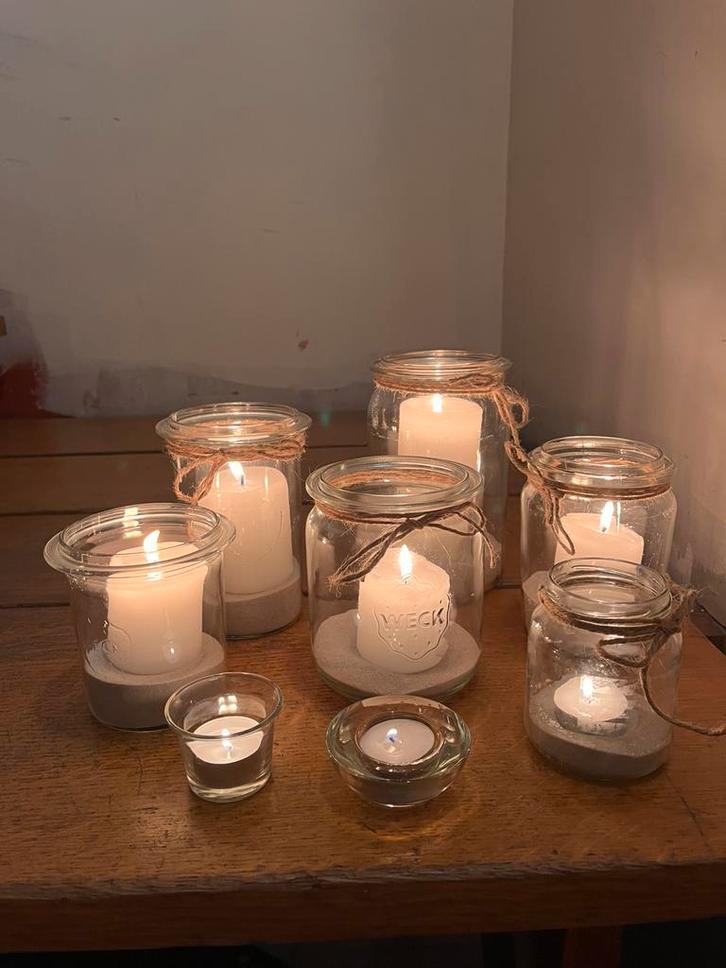 Feestdecoratie trouw/ Kerst; Bokalen met zand en kaars, Hobby & Loisirs créatifs, Articles de fête, Utilisé, Article de fête, Enlèvement