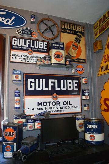 gezocht emaillebord olie blik reclamebord gulf 1930 1950, Verzamelen, Ophalen, Gebruikt, Reclamebord