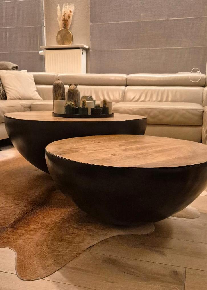 Ronde salontafels zwart/hout, Huis en Inrichting, Tafels | Salontafels, Zo goed als nieuw, Minder dan 50 cm, 50 tot 100 cm, Rond