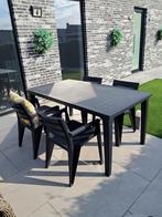 Terrastafel + 4 stoelen met kussens, Ophalen, Kunststof, 6 zitplaatsen, Zo goed als nieuw