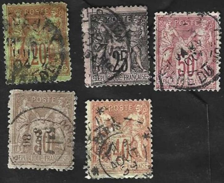 5 Postzegel Vrede en handel Frankrijk 1881(Type 2 Sage), Postzegels en Munten, Postzegels | Europa | Frankrijk, Gestempeld, Ophalen of Verzenden