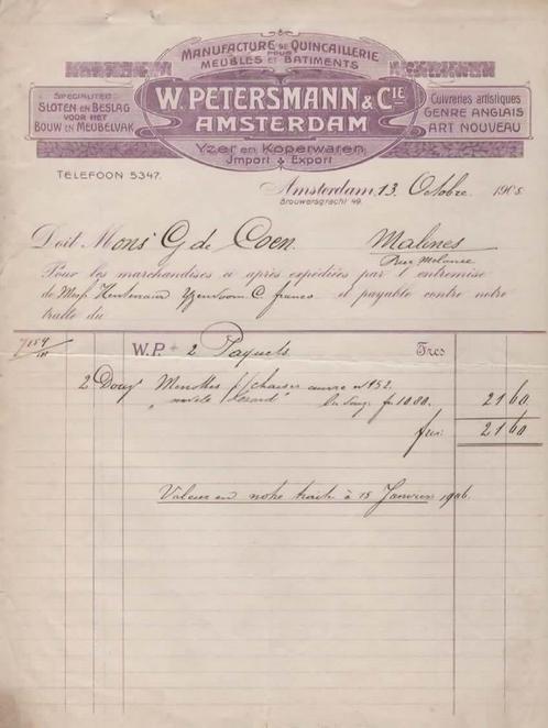 NEDERLAND:1905:#  Quincaillerie W. PETERSMANN & Cie, A'dam #, Collections, Collections Autre, Utilisé, Enlèvement ou Envoi