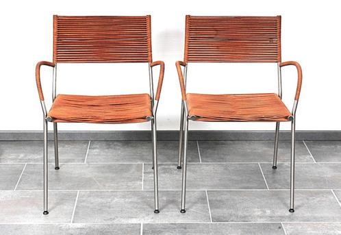 2 stoelen Miss B van Tito Agnoli, Huis en Inrichting, Stoelen, Gebruikt, Twee, Leer, Metaal, Bruin, Ophalen of Verzenden
