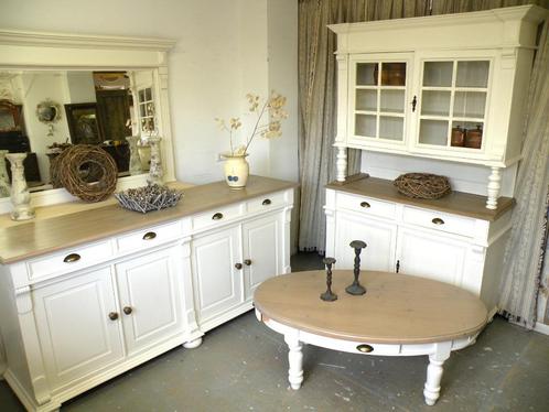 Prachtige witte landelijke sets : tafel dressoir buffetkast, Huis en Inrichting, Complete eetkamers, Zo goed als nieuw, 4 tot 6 stoelen