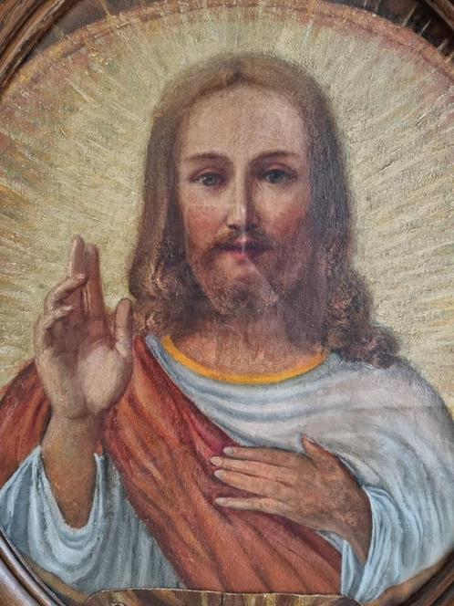 Oval wooden frame with painting of Jesus on panel, Antiek en Kunst, Kunst | Schilderijen | Klassiek, Ophalen of Verzenden