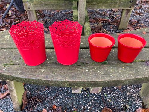 Mooie rode bloempotjes : 4 stuks, Jardin & Terrasse, Pots de fleurs, Comme neuf, Métal, Enlèvement ou Envoi