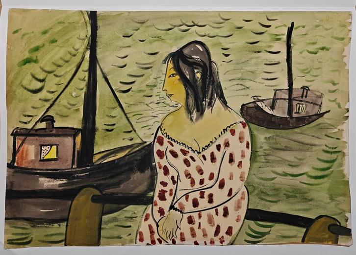 Poucette (1924-2004), aquarel. 68cm x 47cm., Antiek en Kunst, Kunst | Tekeningen en Fotografie, Ophalen of Verzenden