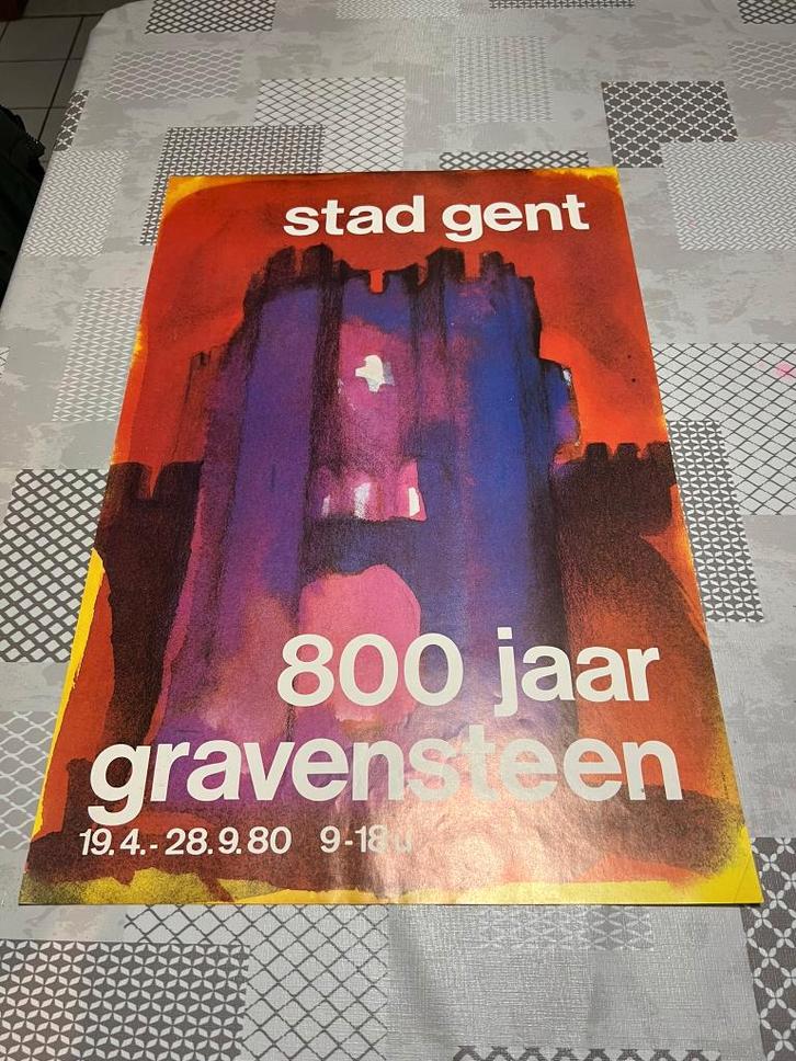 Vintage Poster Stad Gent, 800 jaar Gravensteen, Verzamelen, Posters, Gebruikt, Reclame, Deurposter of groter, Rechthoekig Staand