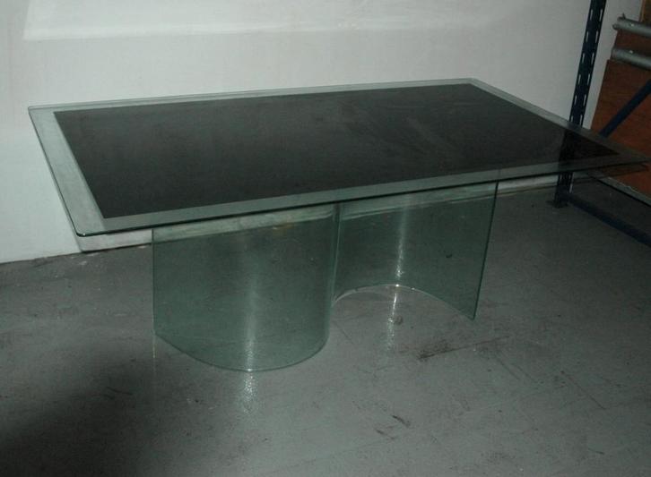 DESIGN-EETTAFEL VAN GLAS UIT DE JAREN 70-80, Huis en Inrichting, Tafels | Eettafels, Gebruikt, 150 tot 200 cm, Vijf personen of meer