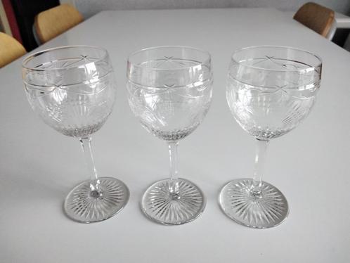 Set van 3 antieke glazen met geslepen kristallen steel., Antiek en Kunst, Antiek | Glaswerk en Kristal, Ophalen of Verzenden
